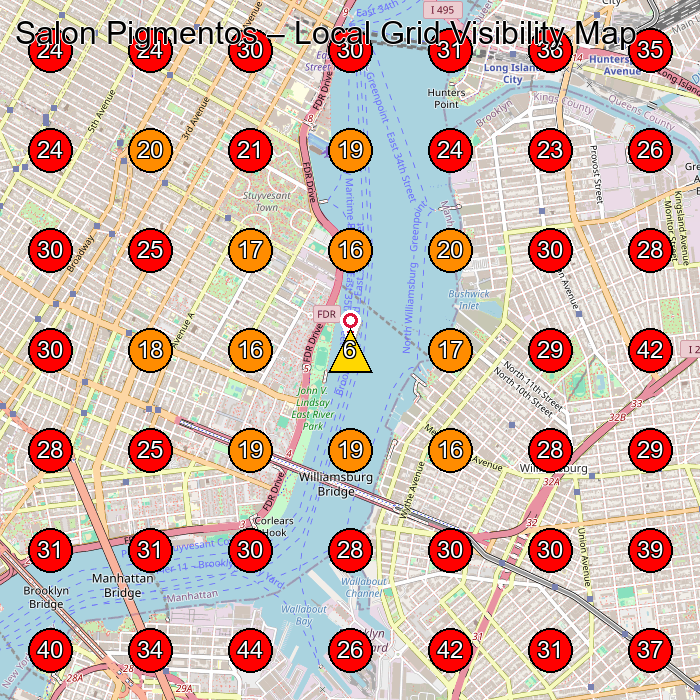 Salon Pigmentos GeoGrid visibility map for Hair Salon in New York